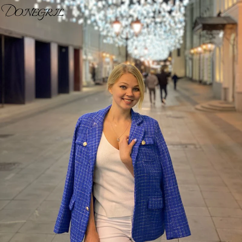 Женский твидовый пиджак синяя клетчатая офисная куртка с длинным рукавом в