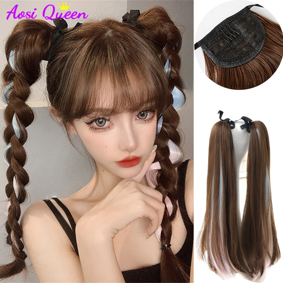 Ponytail synthetic women's hair extension clip wavy curly hair long ponytail wig gradient brown blonde hair style super long pon