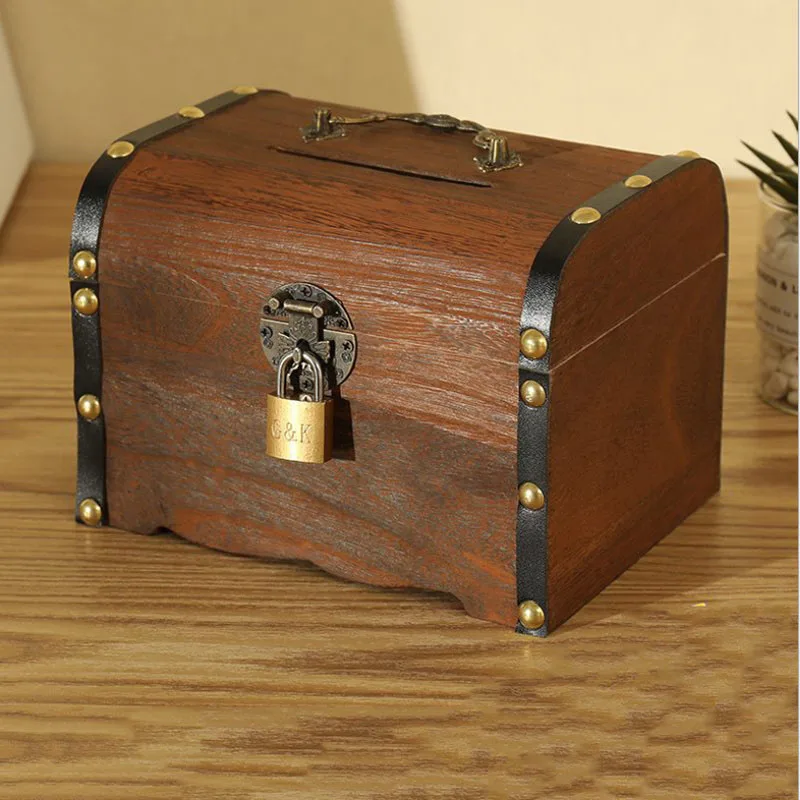 Винтажная копилка деревянная ручная работа запирающаяся детская коробка для