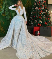 arabic sparkly sequins prom dress with detachable train keloy train long sleeves formal party second reception gowns celebrity