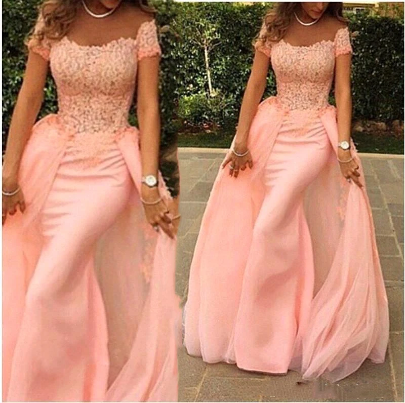 

Off Shoulder Blush Pink Formal Evening Dresses With Overskirts For Women Top Lace Sweep Train Prom Party Gowns Robe de soriee