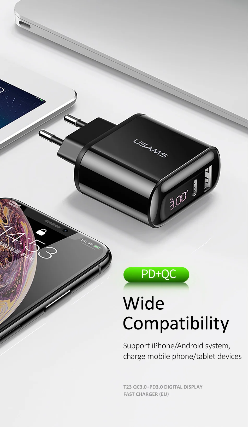 USAMS Quick Charge 3,0 USB зарядное устройство светодиодный дисплей 18 Вт QC3.0 PD 3,0 быстрое зарядное устройство для iPhone iPad Pro двойные порты, для мобильных телефонов зарядное устройство