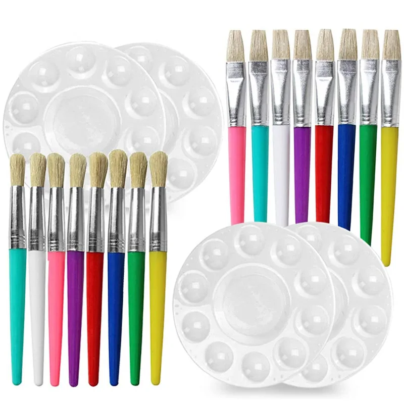 

16 Pcs Children Paint Brush Set with 4 Paint Tray Palettes, Round Flat Paintbrush for Kids Students Beginners Artist