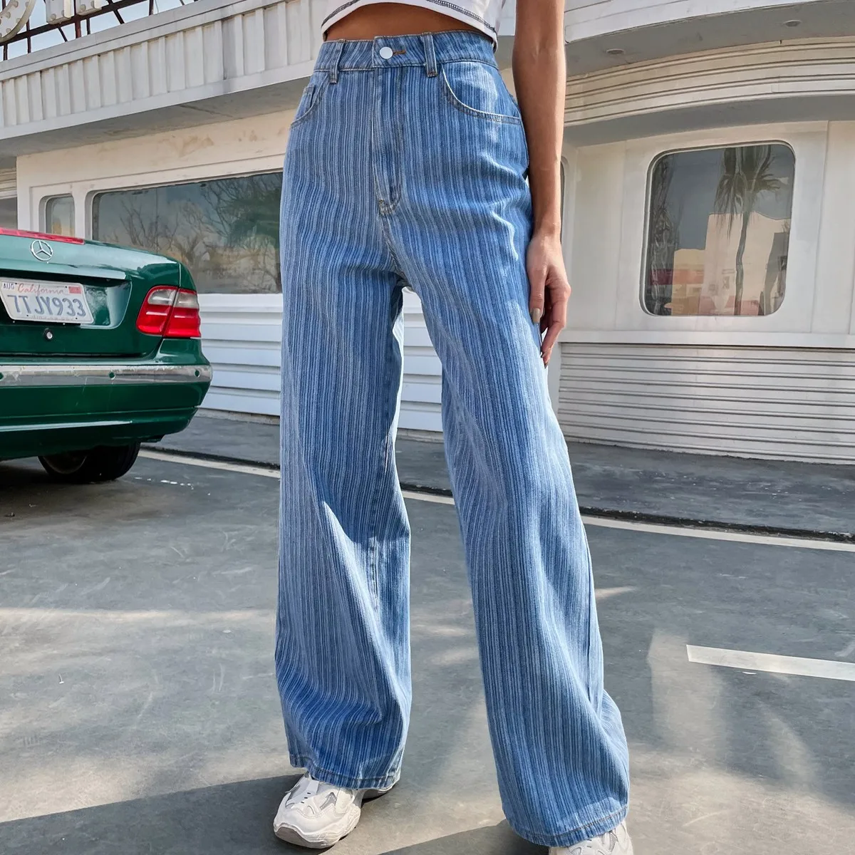 

Новые осенние женские джинсовые брюки с высокой талией полосатые длинные брюки с широкими штанинами с карманами синие стильные и удобные м...