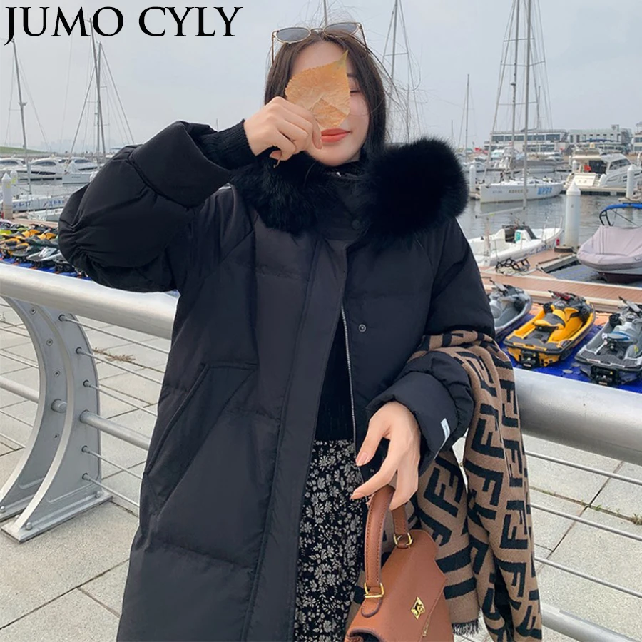 

JUMO CYLY New Winter Jacket Warm Hooded Long Down Cotton Jacket Parka Coat Women Korean Casual Long Big Fur Collar Puffer Jacket