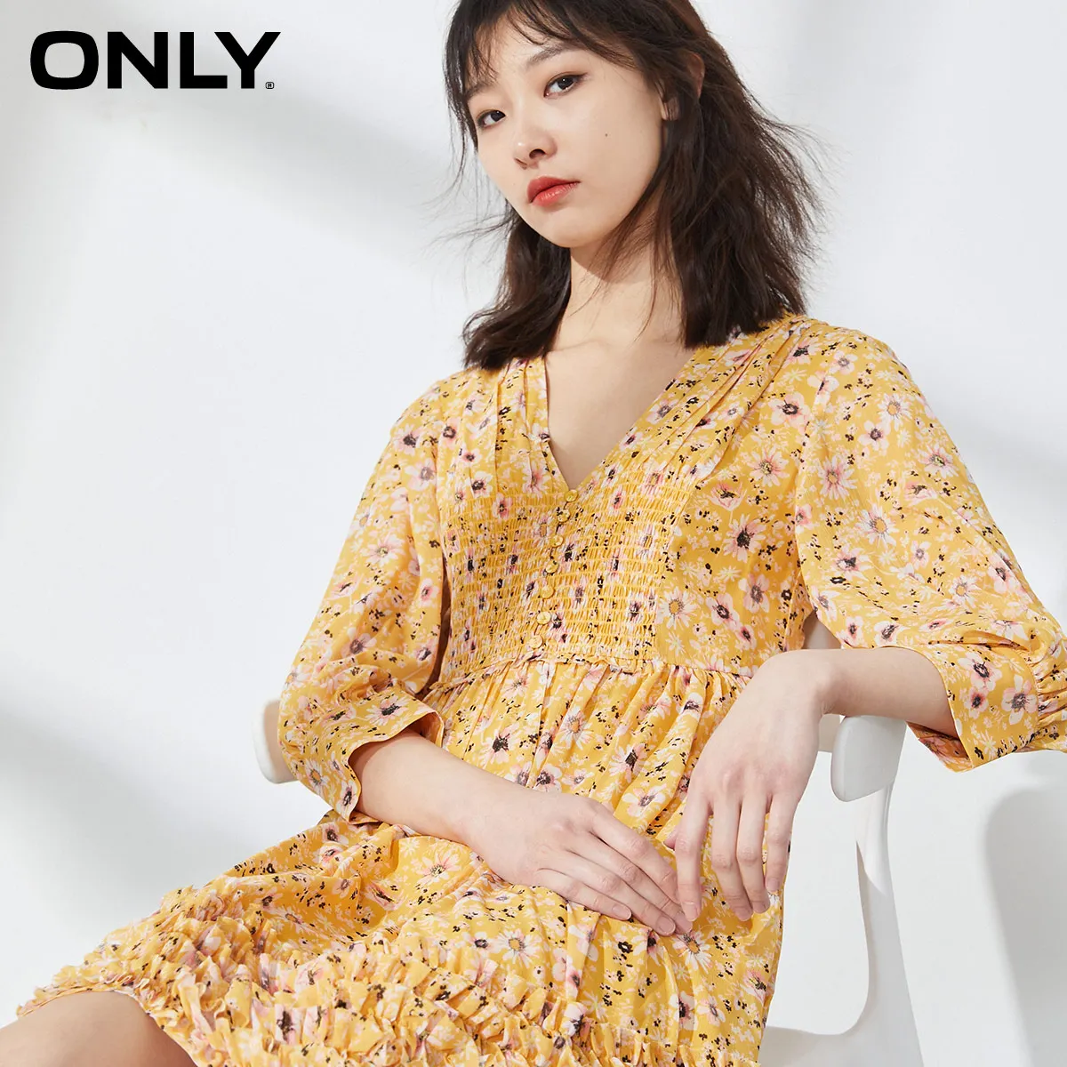 

ONLY 2020 summer new floral V-neck waist thin A-line long-sleeved dress | 120207511