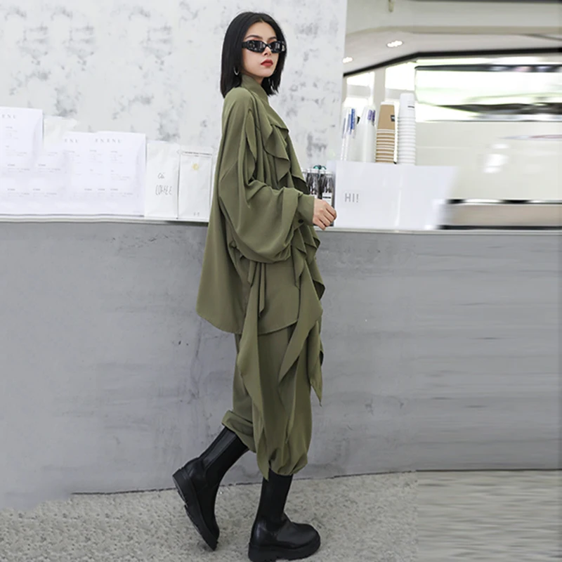 

Plus Size Wide Leg Pants Lapel Long Sleeve Loose Army Green Ruffles Shirt Two Piece Set Women Fashion Spring Autumn Streetwear