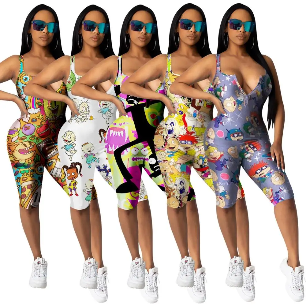 

New fashion hot style vest front zipper cartoon print urban casual sports tight sexy women jumpsuit