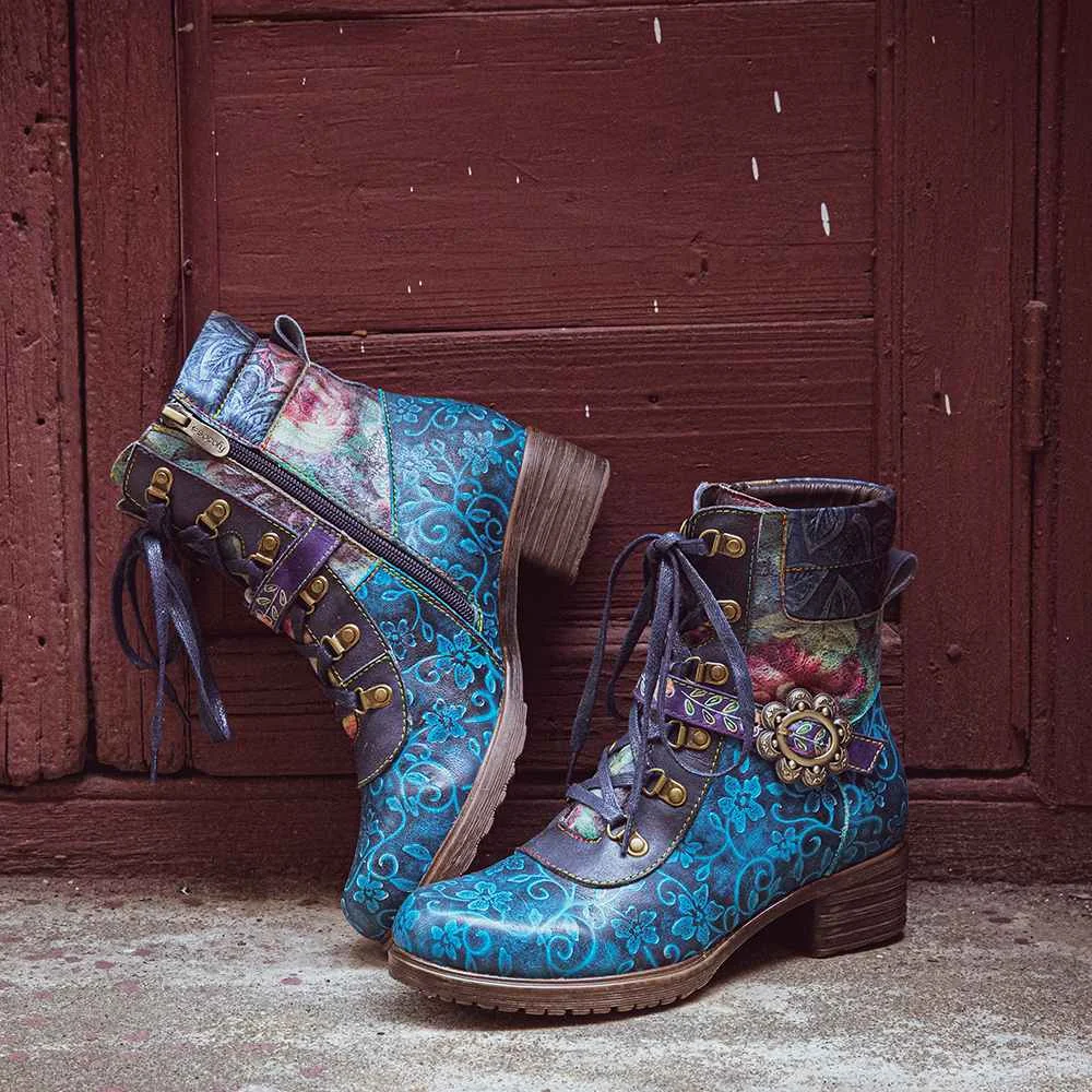 Socofy/короткие ботинки из натуральной кожи в стиле ретро с цветочным принтом на