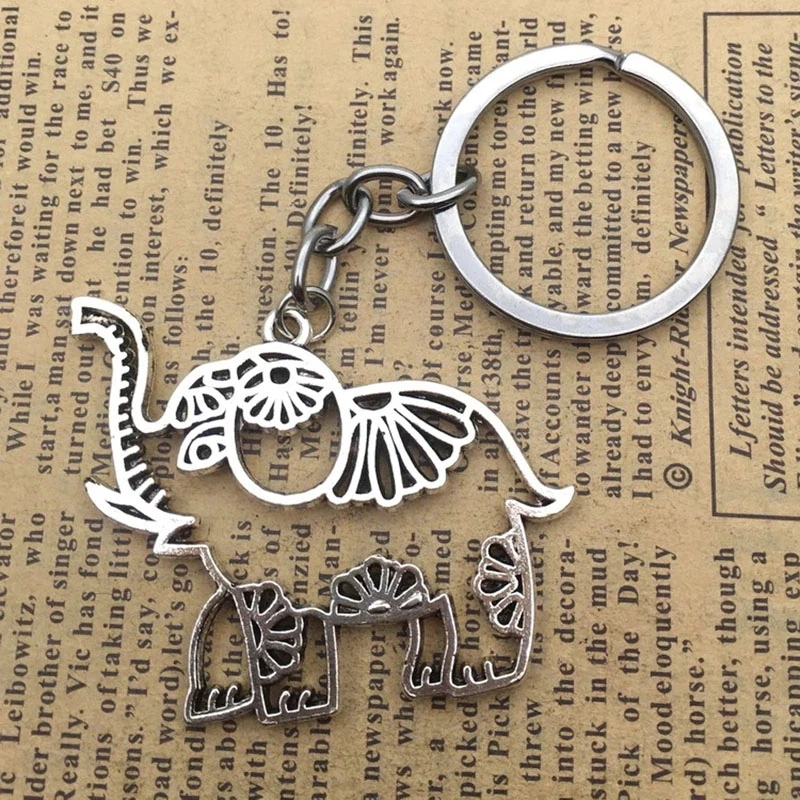 

New Fashion Men's High Quality Car Keychain DIY Metal Holder Chain Silver Hollow Elephant Pendant Gift