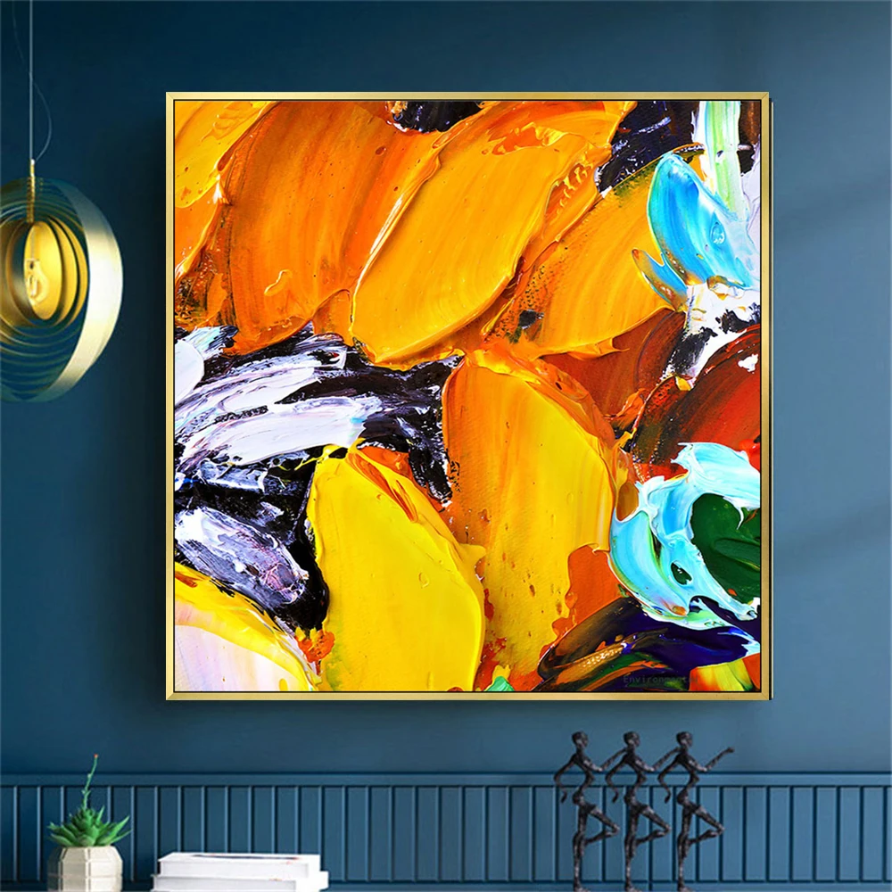 

2021 100% Handmade Modern Abstract Oil Painting Reprodcution Knife sunflowers leaves Picture Home Decoration Unframed