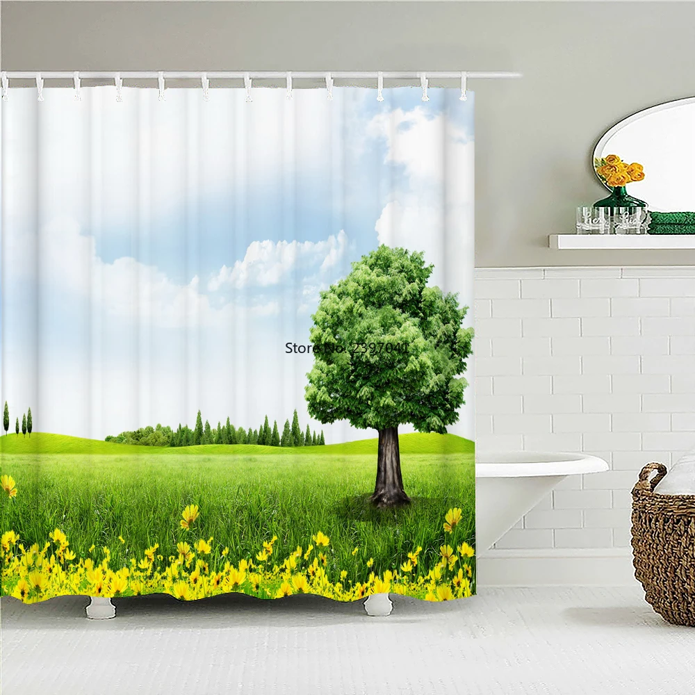 

Sunny landscape Shower Curtain with Hooks Waterproof Fabric Blue Sky and White Clouds Nature Scenery Decor Bathroom Curtains