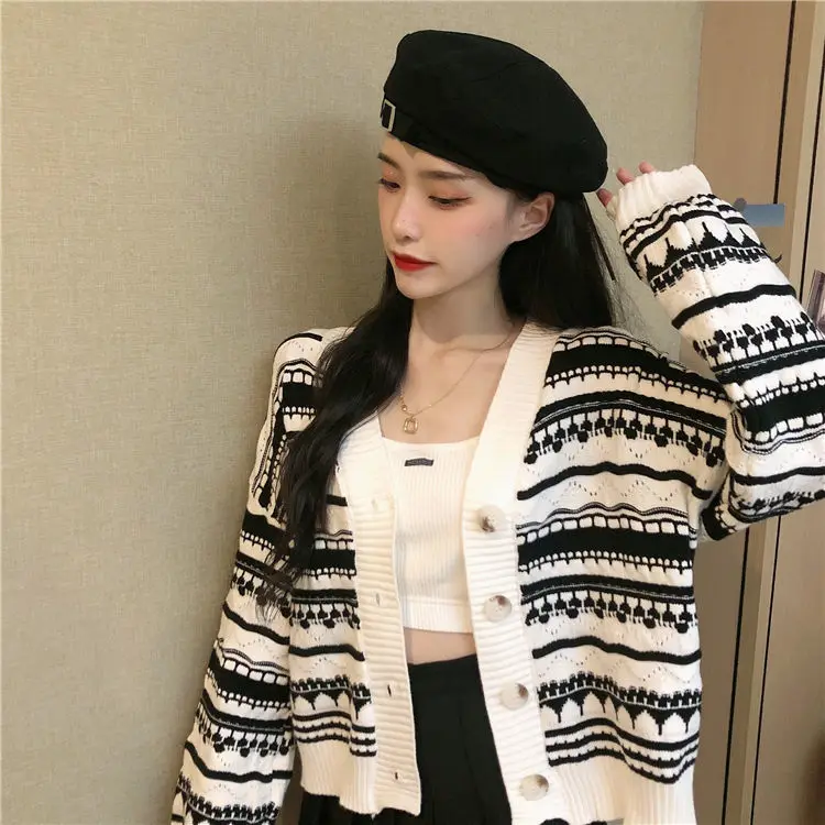 

Vintage Striped Sweater Cardigan Jacket Women's T-shirt autumn winter 2020 new loose top with long sleeves