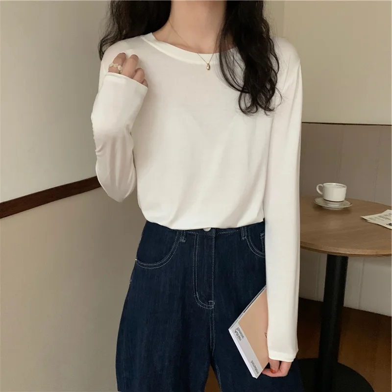 

Футболка с круглым вырезом и длинными рукавами; Футболка для женщин универсальные новые осень-зима в Корейском стиле Стиль Slim Fit Верхняя оде...