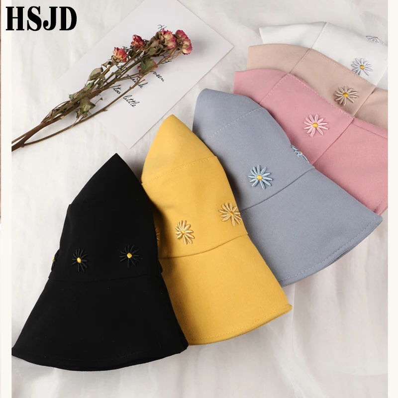 Flower Embroidery Cotton Bucket Hats Women Summer Sun Hat Fisherman Cap Wide Brim Foldable Outdoor Travel Female Hiking Bonnet