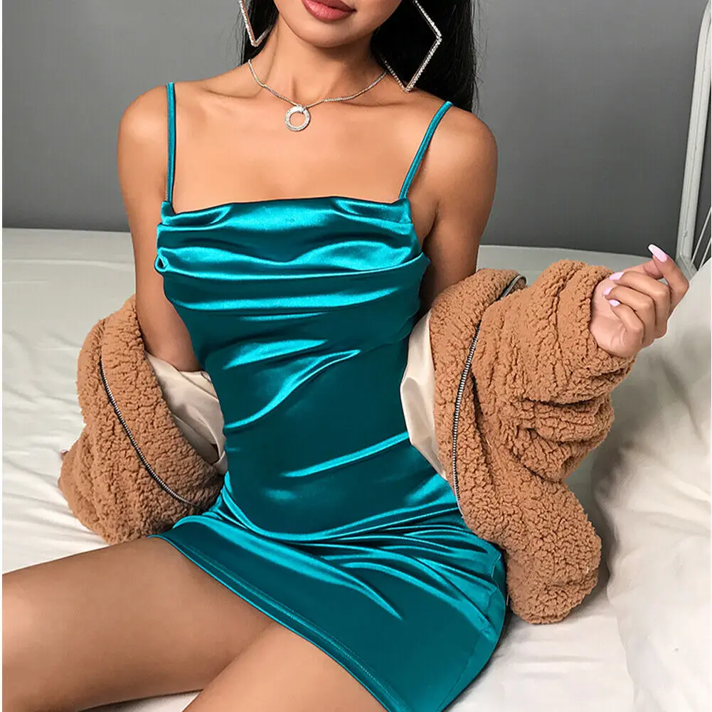 

Sexy Bodycon Bandage Short Dress Women Spaghetti Strap Blue Casual Party Slash Neck Satin Silk Feel Mini Pencil Dresses New