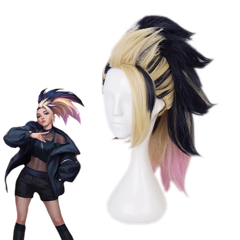 

Akali LOL KDA K/DA The Baddest Ponytail Mixed Color Cosplay Heat Resistant Synthetic Hair Halloween Carnival Party +Free Wig Cap