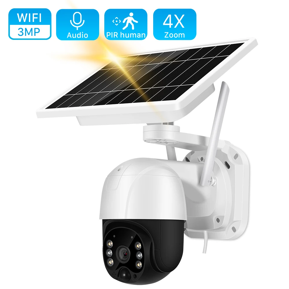 

3MP Wifi Solar Camera Outdoor PIR Human Detection Wireless PTZ Camera 30M Color Night Vision 2-Way Audio Home Security IP Camera