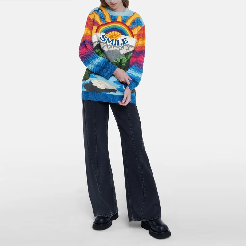 

Oversized Sweater Women 2021 Fashion Rainbow Striped Embroidered Letters Knitted Pullovers Loose Casual Designer Streetwear Tops