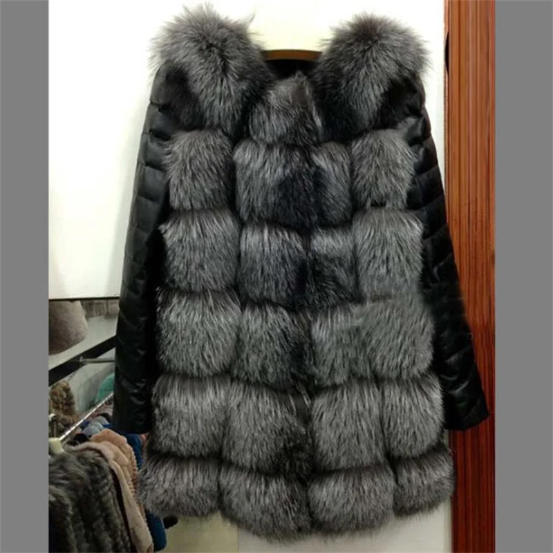 New fur coat womens jackets fox hair stitching PU long sleeve warm autumn winter black casacos de inverno feminino шубка искуств