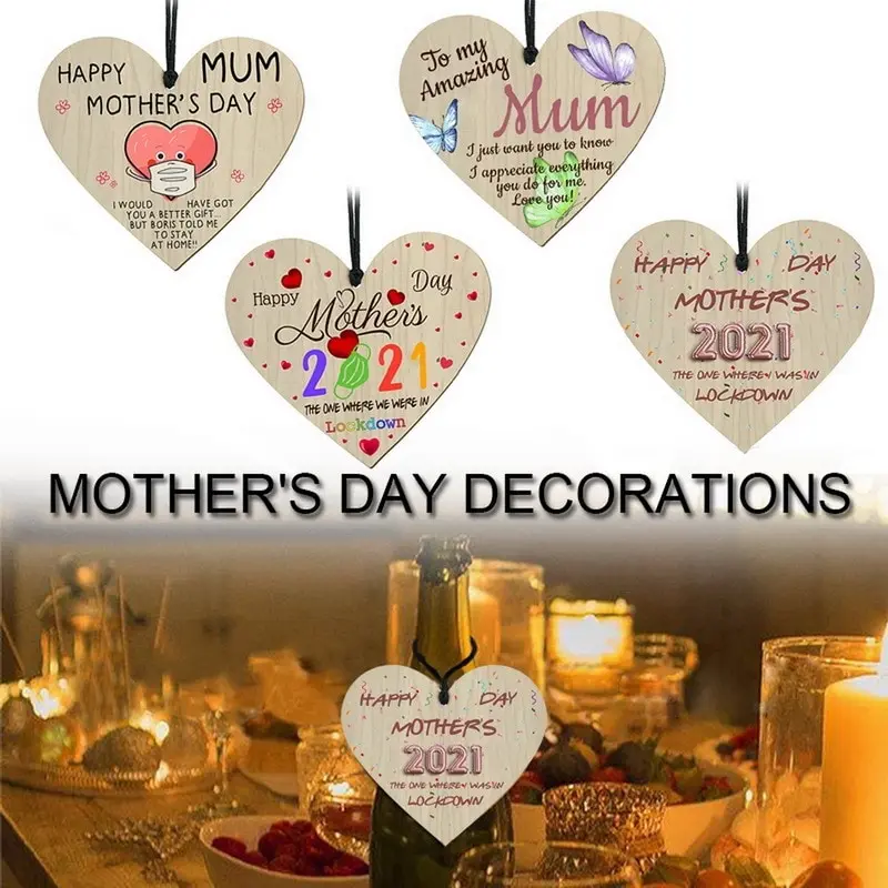 

Mother's Day Wooden Chips Hanging Ornaments Heart-Shaped Hang Signs Birthday Decoration Wall Door Decor Holiday Wood Crafts Card