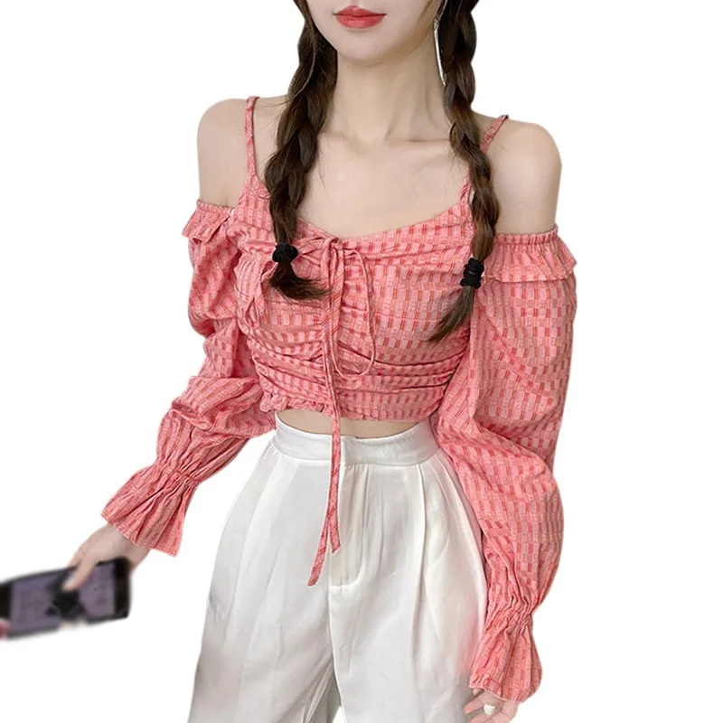 

Ladies Retro Design Off-the-shoulder Blouse Spring Autumn Long-sleeved Slash Neck Blouse Puff Sleeve Short Top