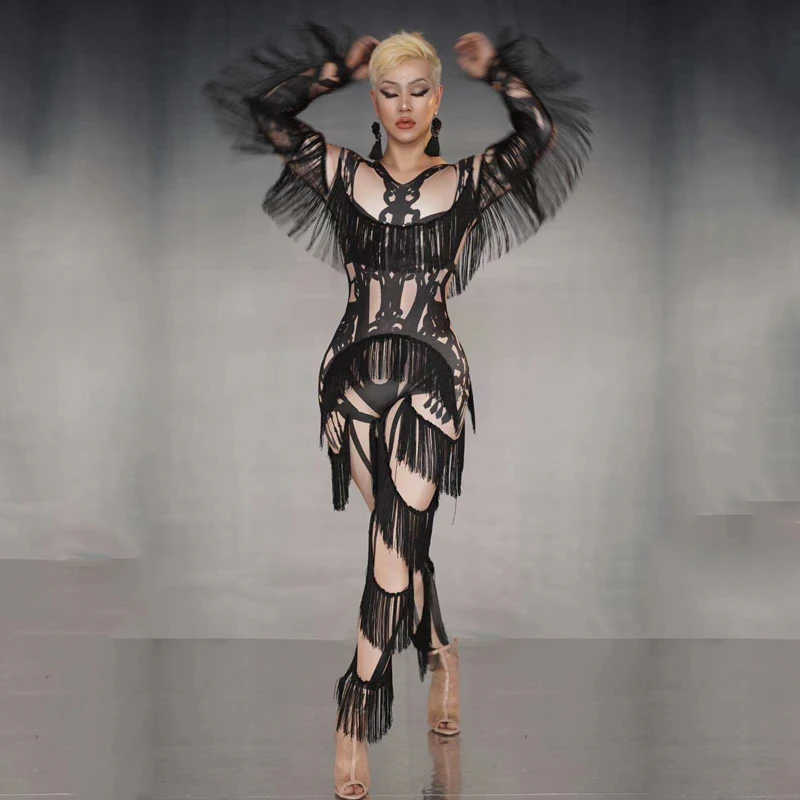 

Pole Dance Clothing Modern Model Catwalk Sexy Fringe Bodysuit Nightclub Female Singer Gogo Dancer Stage Wear Rave Outfit DQL4073