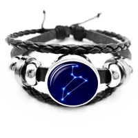 2020blue starry sky 12 constellation charm bracelet glass cabochon black leather woven snap bracelet men and women jewelry gifts