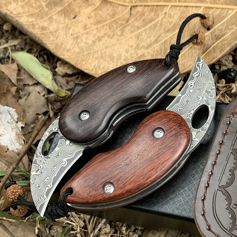 Дамасский нож из черного сандалового дерева высокопрочный мини складной