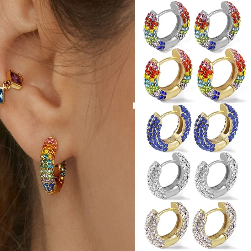 

13x10mm 1 Pair Rainbow AAA Zircon Rhinestone Crystal Hoop Copper Earrings for Women DIY Geometric Round Small Circle Earrings