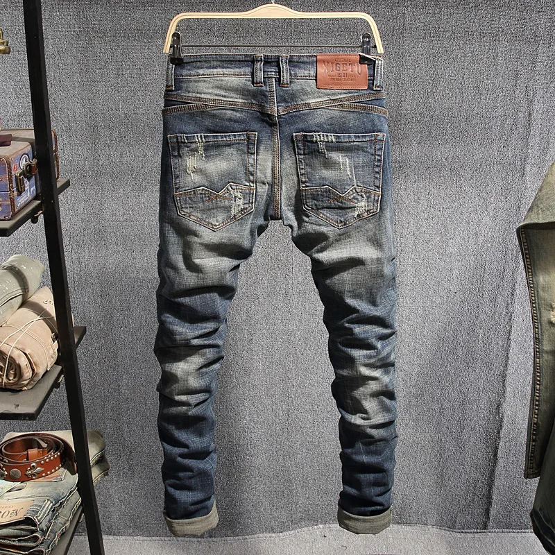 Italian Style Fashion Men Jeans Retro Blue Distressed Wash Elastic Slim Fit Ripped Jeans Men Vintage Designer Casual Denim Pants