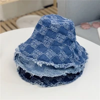 denim blue bucket hats vintage fashion chinese characters men women sun hat classic large brimmed fishing caps high street