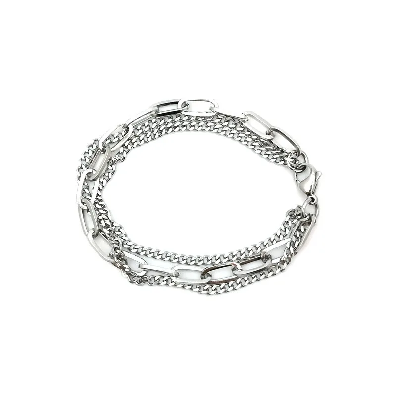 

21cm/18cm/16cm Long Stainless Steel 3 Layer Link Cable Chain And Curb Chain Findings Bracelets Silver Color Oval Multilayer