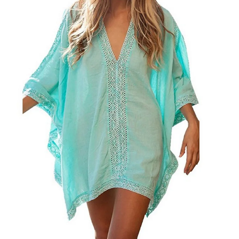 

Beach Cover Up Swimsuit Cover Up Cotton Beach Wear Woman Pocket Bikini Tunics Chiffon Lace Stitching Plus Size Sunscreen Shirt