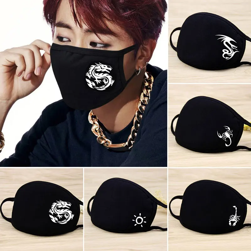 1 шт. черная хлопковая маска для рта с драконом Пылезащитная лица моющаяся