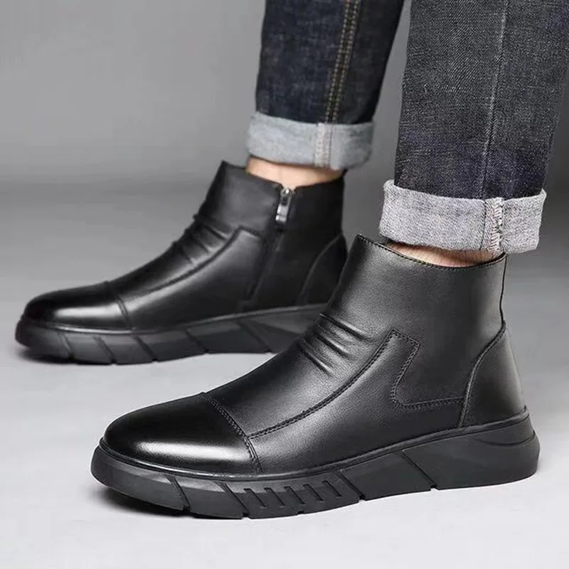 

Business Chelsea Boots Mens Winter Ankle Boots Men Leather Zipper Side Thick Fur Snow Boots Men Winter Shoes 899