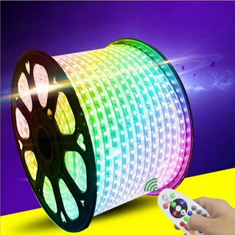 

Fanlive 50M AC 220V 110V LED Strip 5050 60leds/m IP67 Waterproof RGB 16 Colors Rope Lighting For Outdoor RF Remote Controller