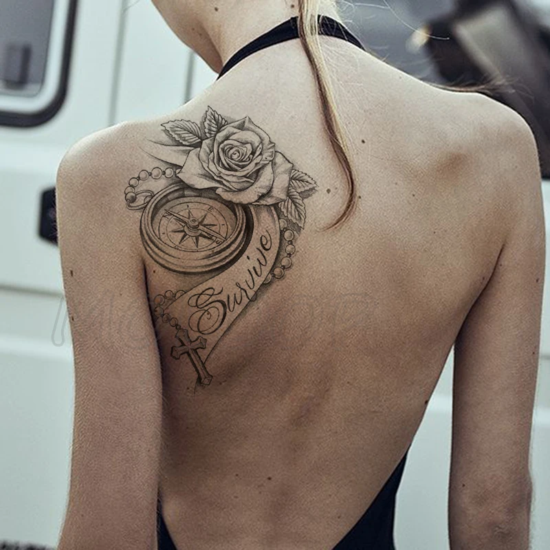 Временные тату-наклейки сексуальный розовый крест компас поддельные татуировки