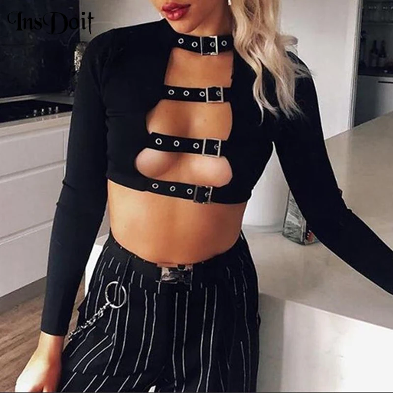 

InsDoit Y2K Punk Grunge Black T Shirts Women Goth Sexy Hollow Out Crop Top Long Sleeve Aesthetic Tees Streetwear Fashion Tops