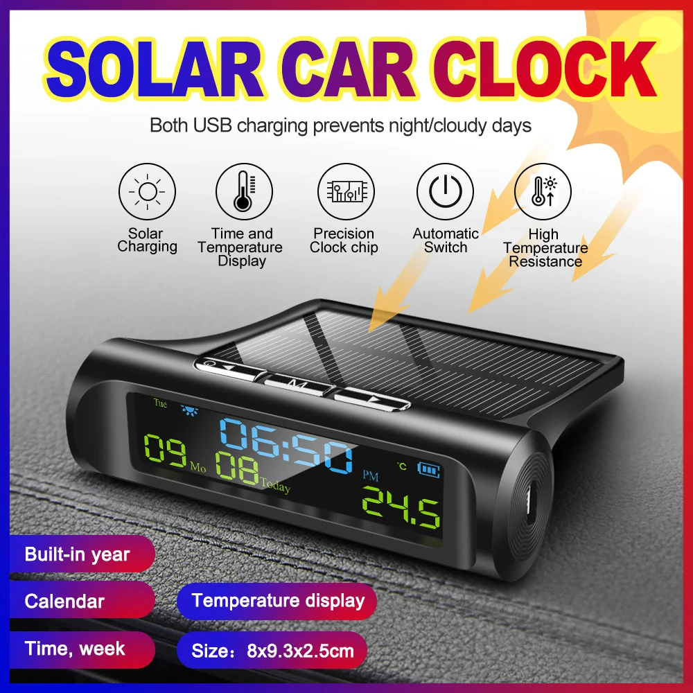 

Thermometer Car USB Solar Charge Smart Digital Clock Calendar Time Temperature LED Display Automobile Interior Auto Start Off