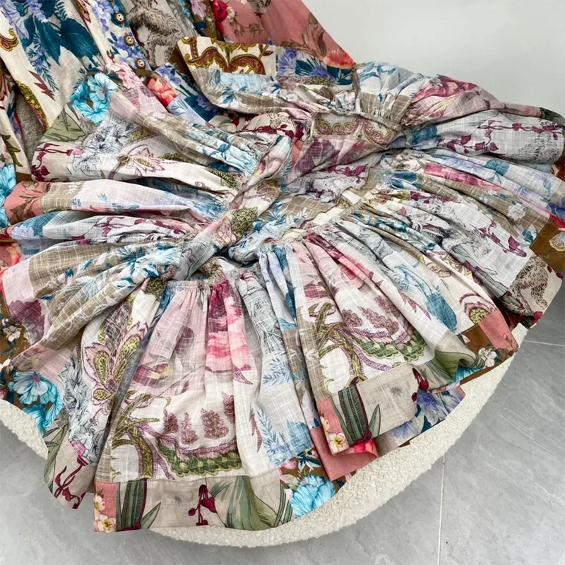 

2021 New Summer Women Fashion Floral Print Long Sleeve Single Breated Folding Tails Mini Dresses High Quality Cotton