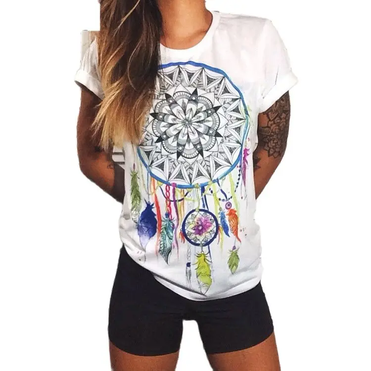 Новая мода женская футболка с коротким рукавом необычная и напечатанными