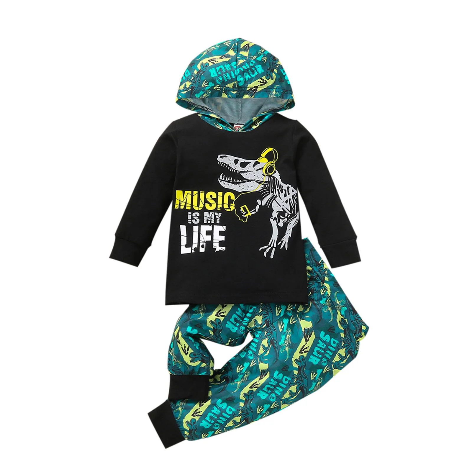 

Nituyy Official Autumn 2 Pcs Infant Color Block Outfits, Baby Dinosaur & Letter Print Long Sleeve Hooded Sweater + Trousers