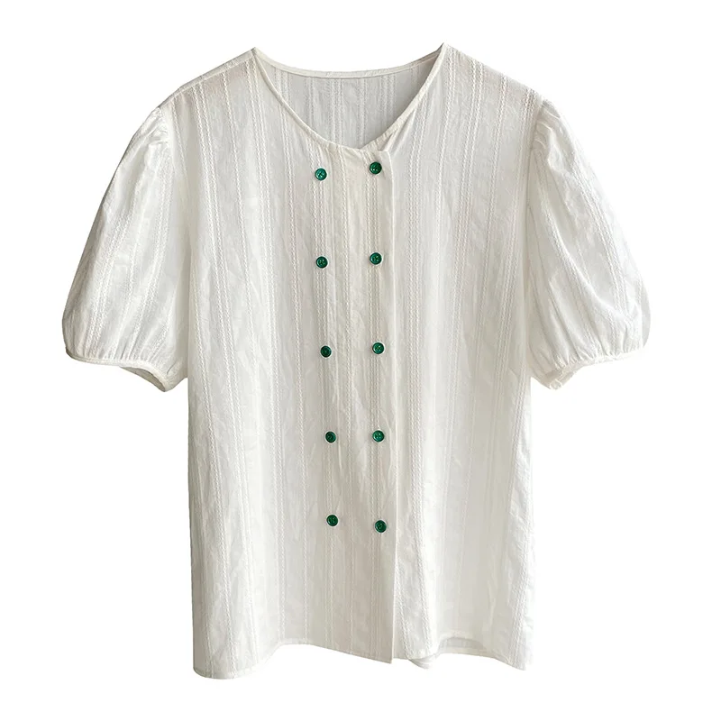 

Ins Korea Puff Sleeve White Color Women Blouse Summer Double Breasted Casual Slim Women Clothes Top Shirt