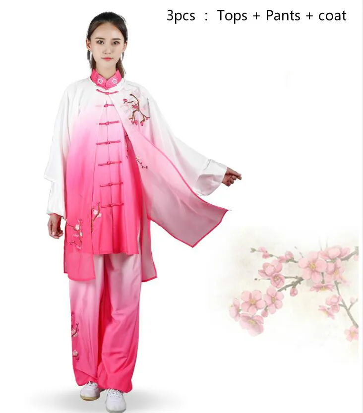 3pcs tops pants coat Градиент цвета тайцзи Униформа традиционная китайская одежда вышитые боевые искусства костюм кунг-фу Утренние упражнения Спортивная одежда - Цвет: 3pcs tops pants coat