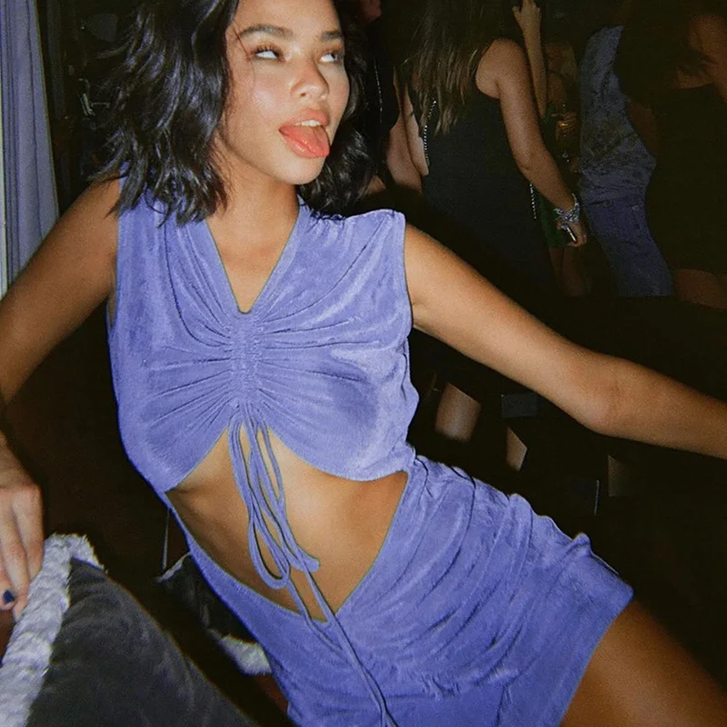 

Women\\u2019s Summer Sleeveless Dress Personality Solid Color Drawstring Hollow High-waist Tight Short Dress