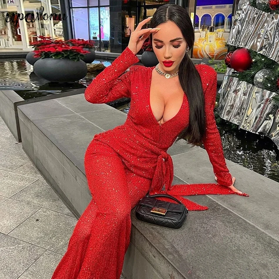 Free Shipping 2021 Sexy V-neck Long Sleeve Shiny Sequin Jumpsuit Red Women's Belt Lace-up Celebrity Club Party Straight Jumpsuit