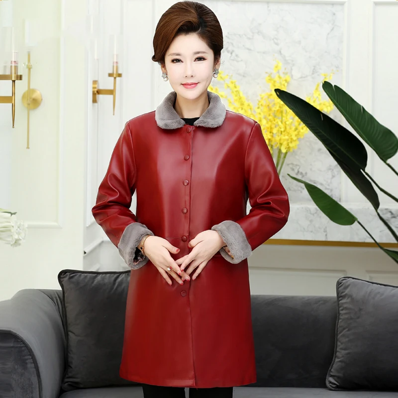 Женская зимняя куртка из искусственной кожи свободная средней длины плотной