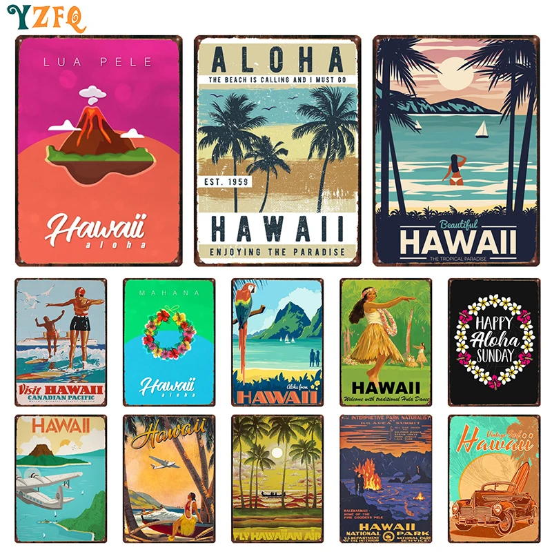 

Surfing Hawaii Tin Vintage Beach Bar Pub Metal Plate Personalized Retro Artware Wall Stickers Room Decor Sign DU-11404B
