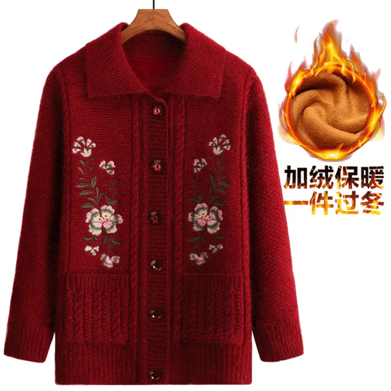 Elderly Women Knit Sweater Coats Large Size Winter Warm Plus Velvet Grandmother Loose Cardigans Casual Tops W1662 |